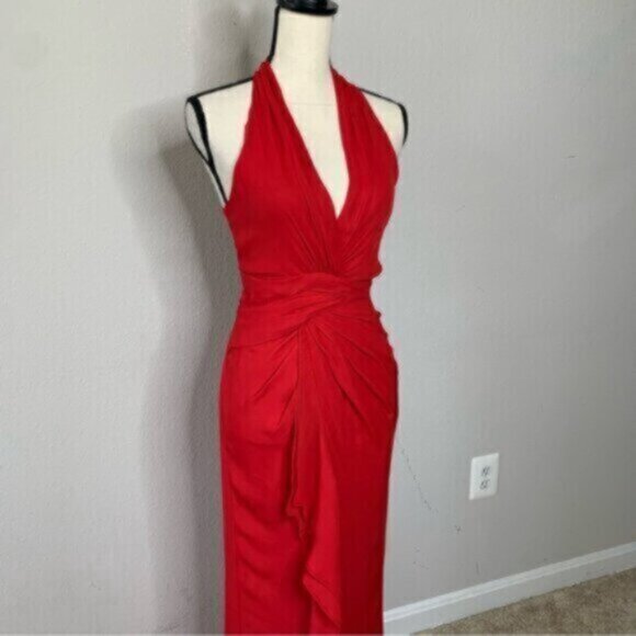Vintage Red Halter Plunged Neckline Gown with Elegant Ruffle Detail Maxi… - Picture 4 of 12